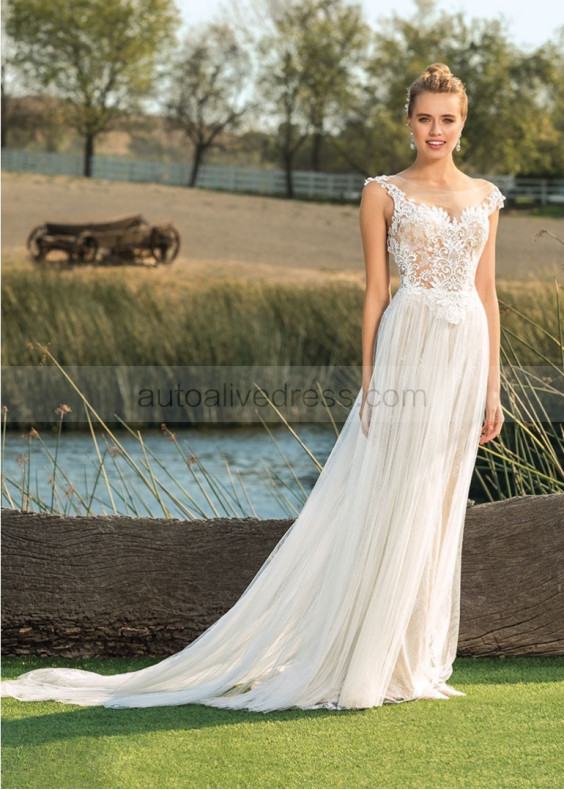 Cap Sleeves Ivory Lace Tulle Keyhole Back Flowing Wedding Dress Cap Sleeves Ivory Lace Tulle Keyhole Back Flowing Wedding Dress